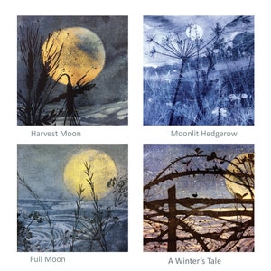 Rachel Sargent, Full Moons, Fine Art cards, Pack of 4 blank greeting cards, eco-friendly, Dorset artist, landscape cards, moonlight,