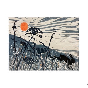 HARE on the hill  - Limited edition linocut of a hare running  over chalk downlands