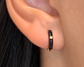Enamelled Hoop Earrings Black Colour New