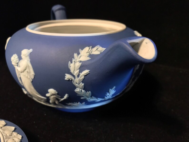 Stunning Antique Wedgwood Cobalt Blue Jasperware Teapot with Sibyl Finial Abundantia Made in England