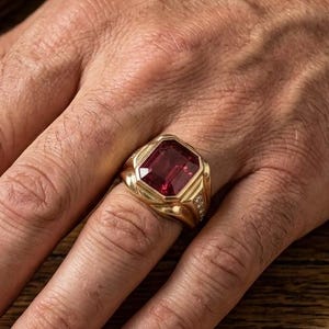 May include: A gold ring featuring a large, rectangular, red gemstone is displayed on a hand. The ring has a detailed design with small, clear stones. The hand rests on a wooden surface, with a leather flask and a glass of amber liquid in the background.