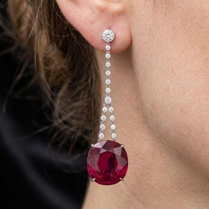 925 Sterling Silver Pink Lab Ruby Cushion Cut Dangle Earrings, White Moissanite
