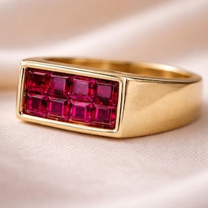 Anillo de sello con rubí chapado en oro, plata de ley 925, anillo rectangular llamativo.