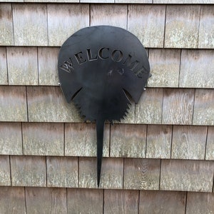 Pu&ograve; includere: Un cartello in metallo nero a forma di ferro di cavallo con la parola "WELCOME" tagliata. Il cartello &egrave; montato su una parete di legno.