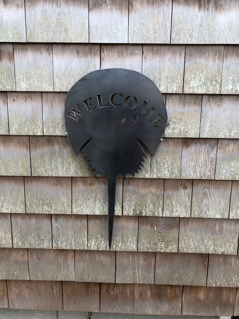 Pu&ograve; includere: Un cartello in metallo nero a forma di ferro di cavallo con la parola "WELCOME" tagliata. Il cartello &egrave; montato su una parete di legno.