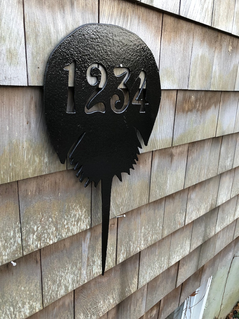 Pu&ograve; includere: Un cartello di numeri civici in metallo nero a forma di ferro di cavallo con il numero 1234 ritagliato. Il cartello &egrave; montato su una parete di legno.