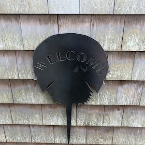 Pu&ograve; includere: Un cartello di benvenuto in metallo nero a forma di ferro di cavallo con la parola "WELCOME" tagliata al centro. Il cartello &egrave; montato su una parete di legno.