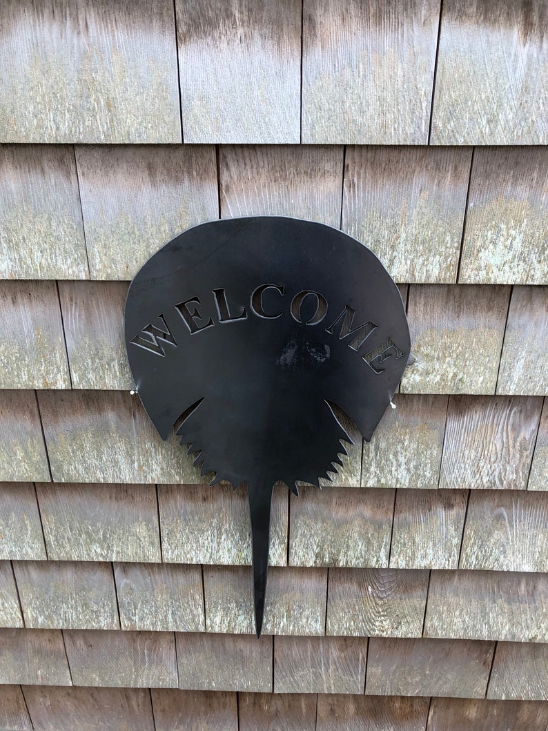 Pu&ograve; includere: Un cartello di benvenuto in metallo nero a forma di ferro di cavallo con la parola "WELCOME" tagliata al centro. Il cartello &egrave; montato su una parete di legno.