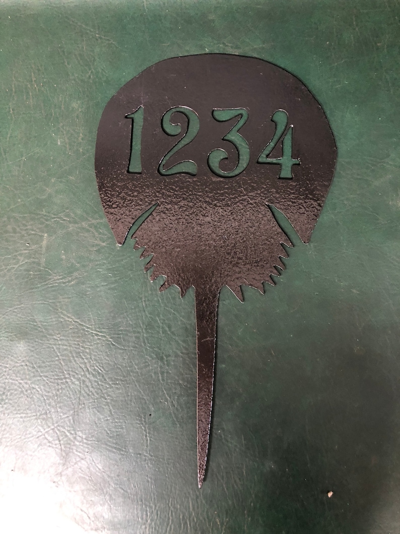 Pu&ograve; includere: Un cartello di numero civico in metallo nero a forma di ferro di cavallo con il numero 1234 al centro.