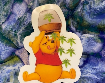 Vinyl Sticker- Winnie the Pooh with honey pot of pot - weed sticker, stoner sticker