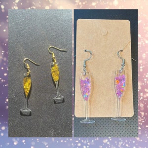 Toast to the New Year Champagne Glass Glitter and Resin Earrings in Gold or Pink