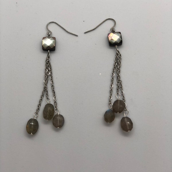 Lovely Black Mother of Pearl and Labradorite Dangly Earrings