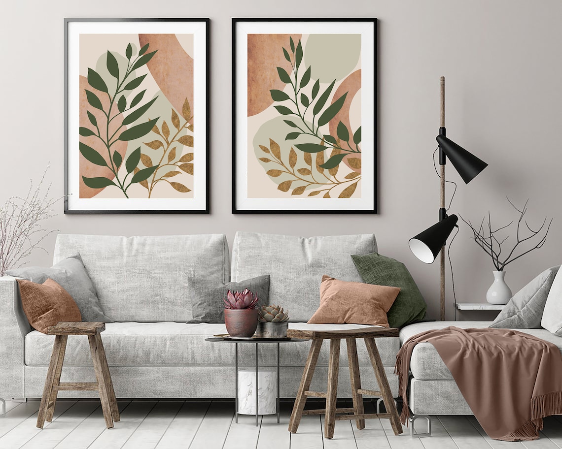 Boho wall art set of 2. Graphic plants on an abstract Etsy