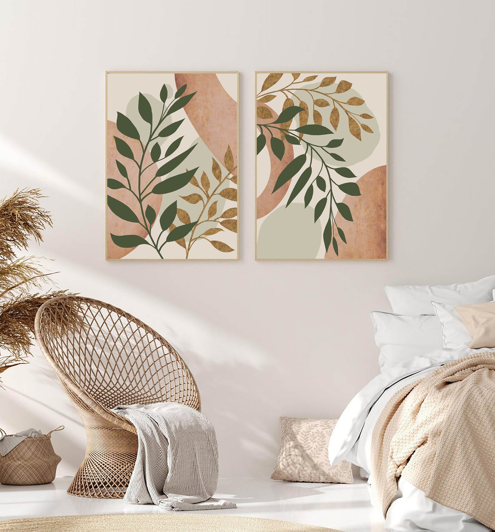 Boho wall art set of 2. Graphic plants on an abstract | Etsy