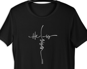 彼は復活した、イースターシャツ、彼は復活したシャツ、信仰シャツ、聖書の一節シャツ、礼拝シャツ、イエスのアパレル、元気づけるTシャツ