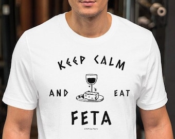 Mantieni la calma e mangia, formaggio feta, magliette greche divertenti, maglietta greca, camicia greca, regali greci per donne, regali greci per uomini, camicia al formaggio