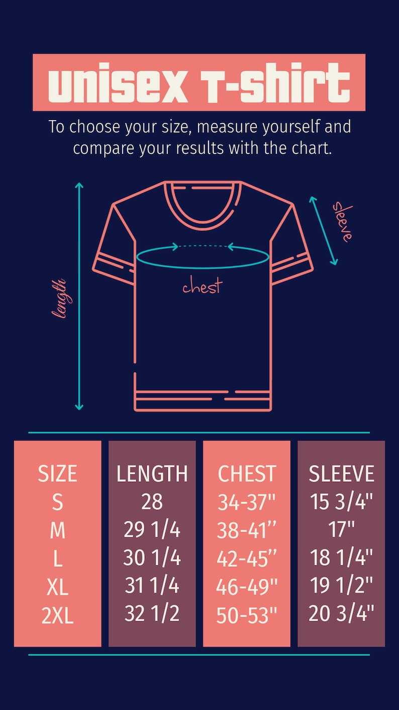 Puede incluir: Un gr&aacute;fico que muestra el tama&ntilde;o de las camisetas unisex con medidas de longitud, pecho y manga en pulgadas. El gr&aacute;fico incluye las tallas S, M, L, XL y 2XL.
