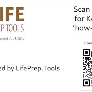 May include: A brown and gold cross logo with the text "LIFE PREP TOOLS" and the tagline "Uplifting Christian Apparel Art & Gifts". The text "Handcrafted by LifePrep. Tools" is below the logo. A black and white QR code is on the right side of the image with the text "Scan QR Code for Komboloi 'how-to' video" and "How-to on Youtube".