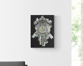 Real gold leaf on canvas: Unique Black Forest cuckoo clock painting in a shadow gap frame. Home for home. Unique piece