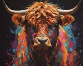 Farbexplosion der Freude: Modernes Kuh-Acrylgemälde als hochwertiger Kunstdruck auf Leinwand. Dekoration, Geschenkidee, Inneneinrichtung