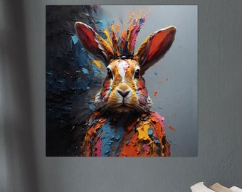 Rabbit modern acrylic painting as high-quality art print on canvas. Rabbit decoration, gift idea, interior design, animal portrait art