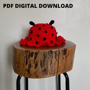 Può includere: Un cappello a forma di coccinella in crochet rosso e nero con un bordo arricciato. Il cappello è appoggiato su uno sgabello di legno.