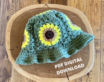 Sunflower Granny Square Crochet Bucket Hat - PATTERN ONLY