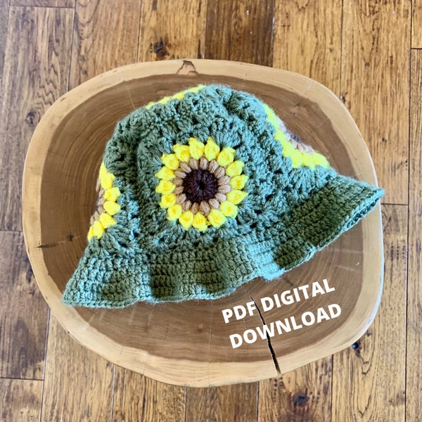 Sunflower Granny Square Crochet Bucket Hat - PATTERN ONLY