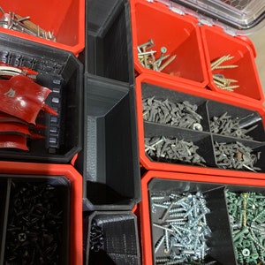 May include: A red toolbox with black dividers and various types of screws and nails organised in compartments.