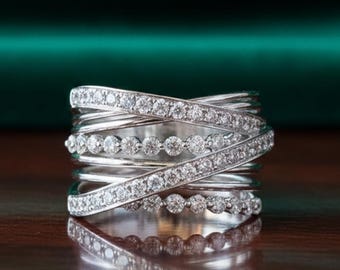 White Gold Criss Cross Ring - Round Moissanite Diamond Wedding Ring - Cross Over Ring For Bride - Engagement Promise Ring - Anniversary Gift