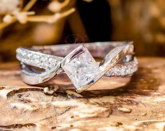 Twisted Split Shank Ring - Princess Cut Moissanite Diamond Ring - Bypass Style Half Bezel Set Ring - Wedding Proposal Ring - Christmas Gift