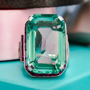 Anello da cocktail con pietra CZ e smeraldo verde - Anello da festa da donna - Anello con pietra preziosa grande - Anello di fidanzamento - Anello Art Déco in filigrana