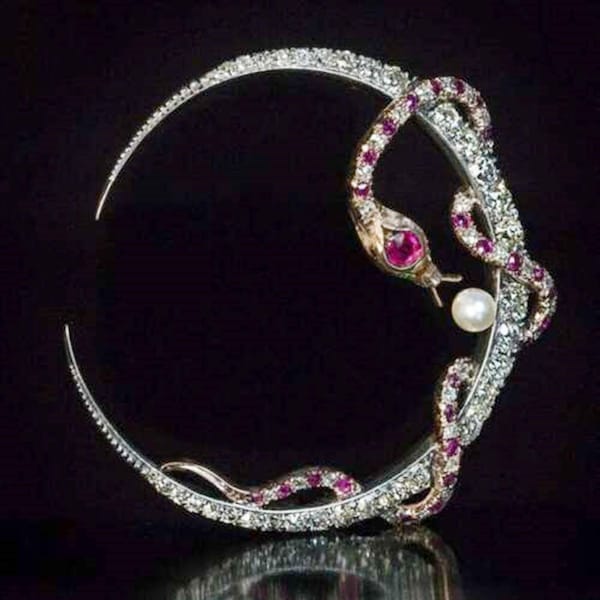 Circa 1890 Victorian Crescent Moon And Snake Brooch - Ruby Stone With Pearl Brooch - Reptiles Animal Jewelry - Mid-Century Vintage Brooch