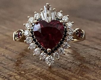 Rot Rubin Herz & Schwarz Rundschliff CZ Stein Ring - Damen Ehering - Herzform Halo Ring - Edelstein-Verlobungsring - Party Wear Ring
