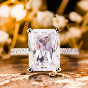 Radiant Cut Moissanite Diamond Hidden Halo Wedding Ring - Solitaire With Accent Ring - 14K Gold Proposal Ring Set - Engagement Ring For Her