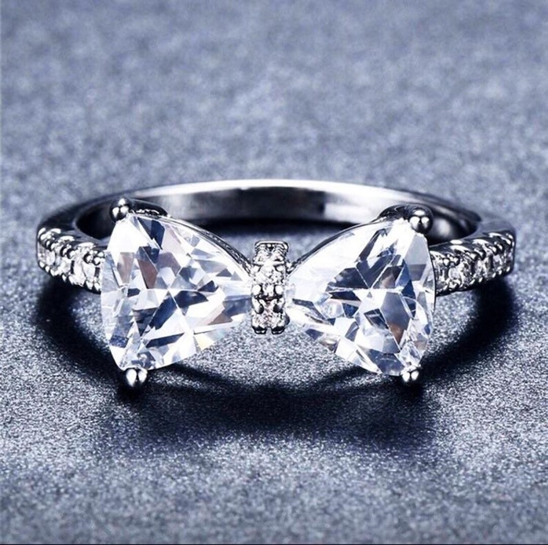 Beautiful Bow Tie Engagement Ring Two Stone 14K White Gold Etsy