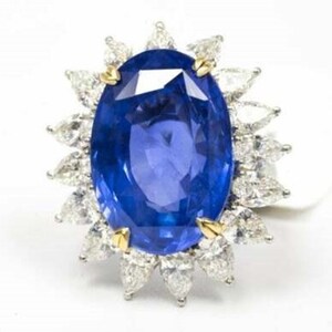 Blue Sapphire Oval CZ Stone Engagement Ring - Sunburst Halo Wedding Ring - Two Tone Proposal Ring - Cocktail Party Wear Ring - Gemstone Ring