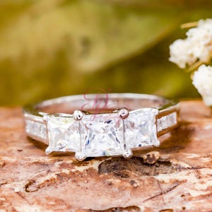 Three Stone Wedding Ring - Princess Cut Moissanite Diamond Proposal Ring - Past Present Future Ring - Engagement Promise Ring - Gift For Her
