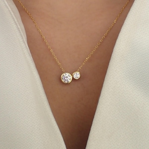 Two Stone Toi Et Moi Necklace - Bezel Set Round Moissanite Diamond Necklace - Delicate Necklace - Gift For Girlfriend - 14K Gold Necklace