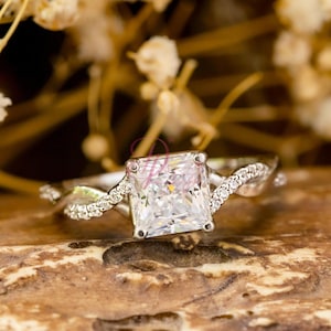 Princess Cut Moissanite Diamond Engagement Ring - Twisted Shank Proposal Ring - 925 Silver Wedding Bridal Ring - Solitaire With Accent Ring