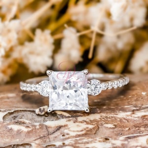 Three Stone Wedding Ring - Princess Cut Moissanite Diamond Ring - 925 Silver Promise Ring - Engagement Anniversary Gift - Christmas Gift