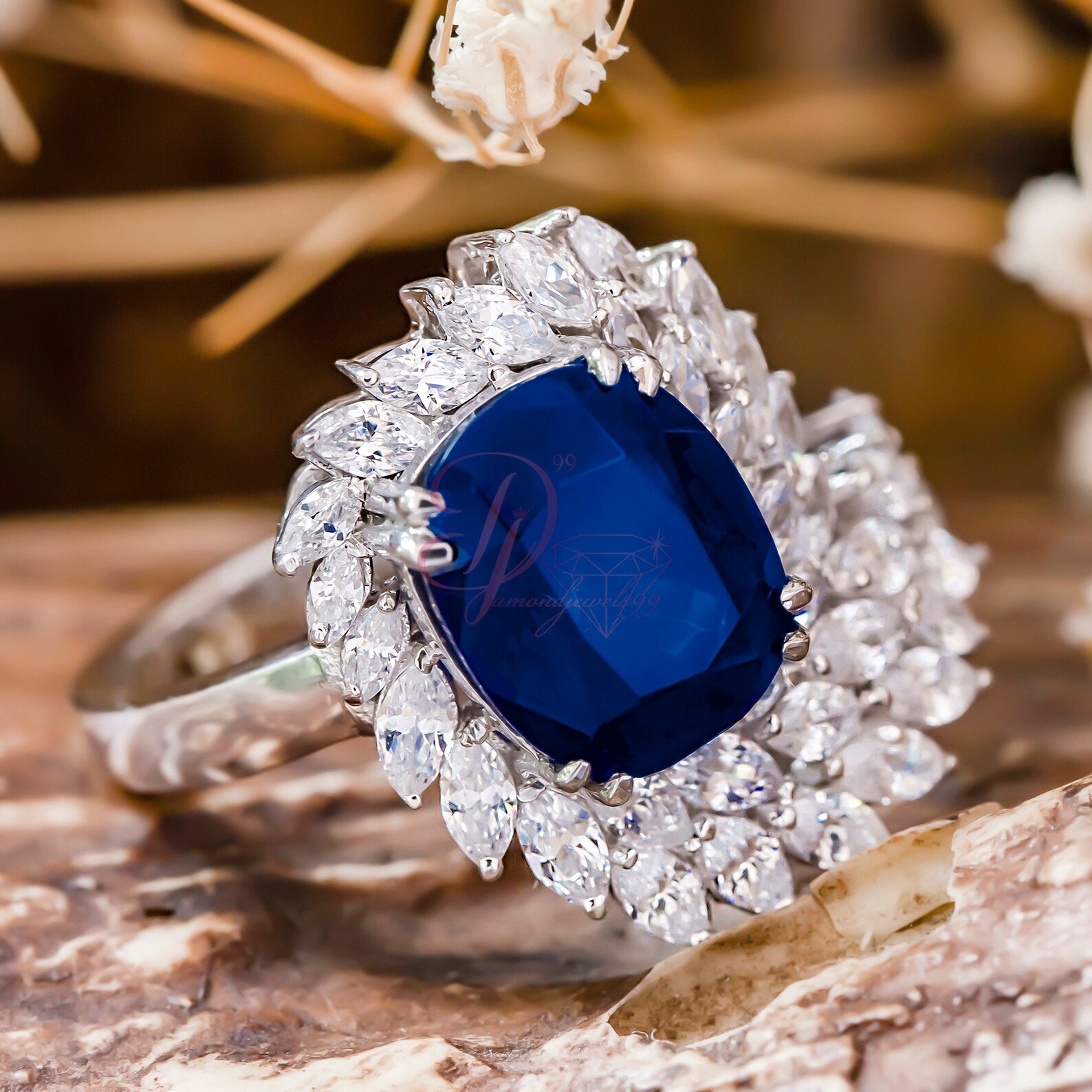 Blue Sapphire Cushion Cut CZ Stone Ring Marquise Diamond Etsy