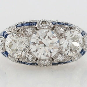 Sapphire Baguette & Old European Cut CZ Stone Ring - Three Stone Edwardian Wedding Ring - 925 Silver Victorian Retro Ring - Engagement Ring