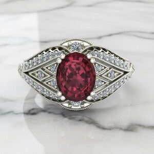 Pink Ruby Art Deco Ring - Victorian Milgrain Filigree Ring - Antique Engagement Ring - Women's Mid Century Ring - Oval CZ Stone Wedding Ring