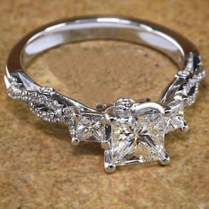 Princess Cut Moissanite Diamond Engagement Ring - Women&#39;s Three Stone Ring - Twisted Shank Trilogy Ring - Wedding Proposal Ring For Her