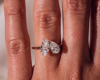 Toi Et Moi Hochzeit Brautring - Vorschlag Ring für Freundin - Marquise & Pear Cut Moissanite Diamant Ring - Zwei-Stein-Verlobungsring