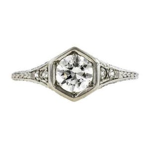 Old European Cut Moissanite Diamond Art Deco Ring - Engrave Shank Ring - Hexagon shape Vintage Style Ring - Antique Filigree Edwardian Ring