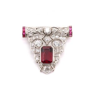 Antique Edwardian Filigree Brooch - Pink Ruby Emerald Cut CZ Stone Art Deco Brooch - Open Work Retro Brooch - Victorian Wedding Brooch