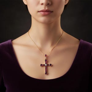 Pendente a croce con rubino Belle Epoque del 1905 circa - Pendente a croce con pietra zirconia cubica rotonda rosa - Collana con croce cristiana in oro 14 carati - Collana da uomo o da donna