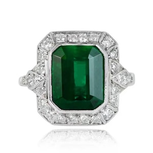 Milgrain Art Deco Gemstone Ring - Green Emerald Cut CZ Stone Engagement Ring -Antique Halo Wedding Bridal Ring - May Birthstone Ring For Her